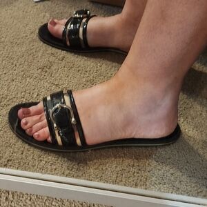 Burberry Slides Black Patent & Nova Check Silver Buckle Sandals Shoes Italy 40